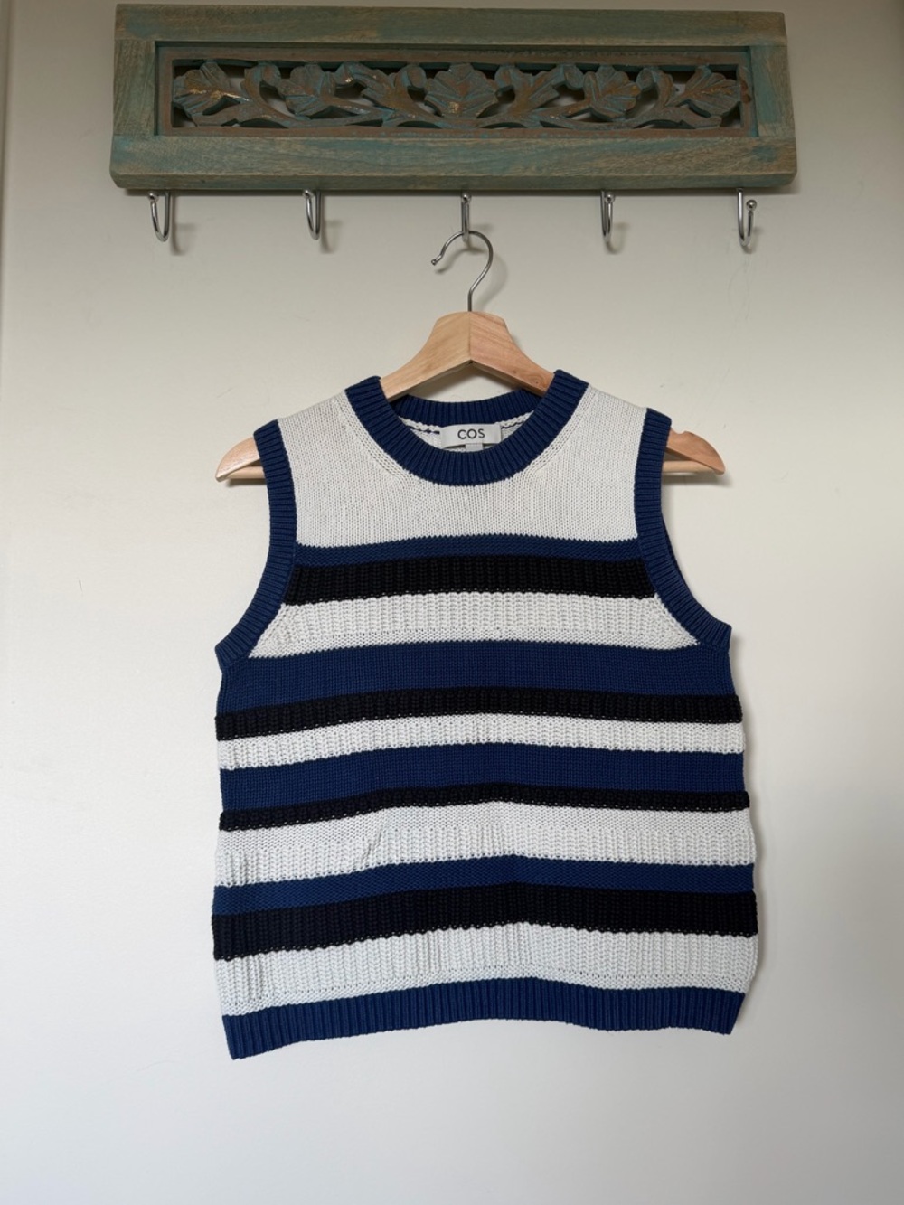 COS Blue, Black & White Striped Knit Crewneck Vest
